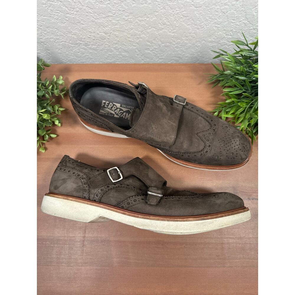 Salvatore Ferragamo Men's Double Monk Strap Suede Leather Oxfords Shoes Size 8.5
